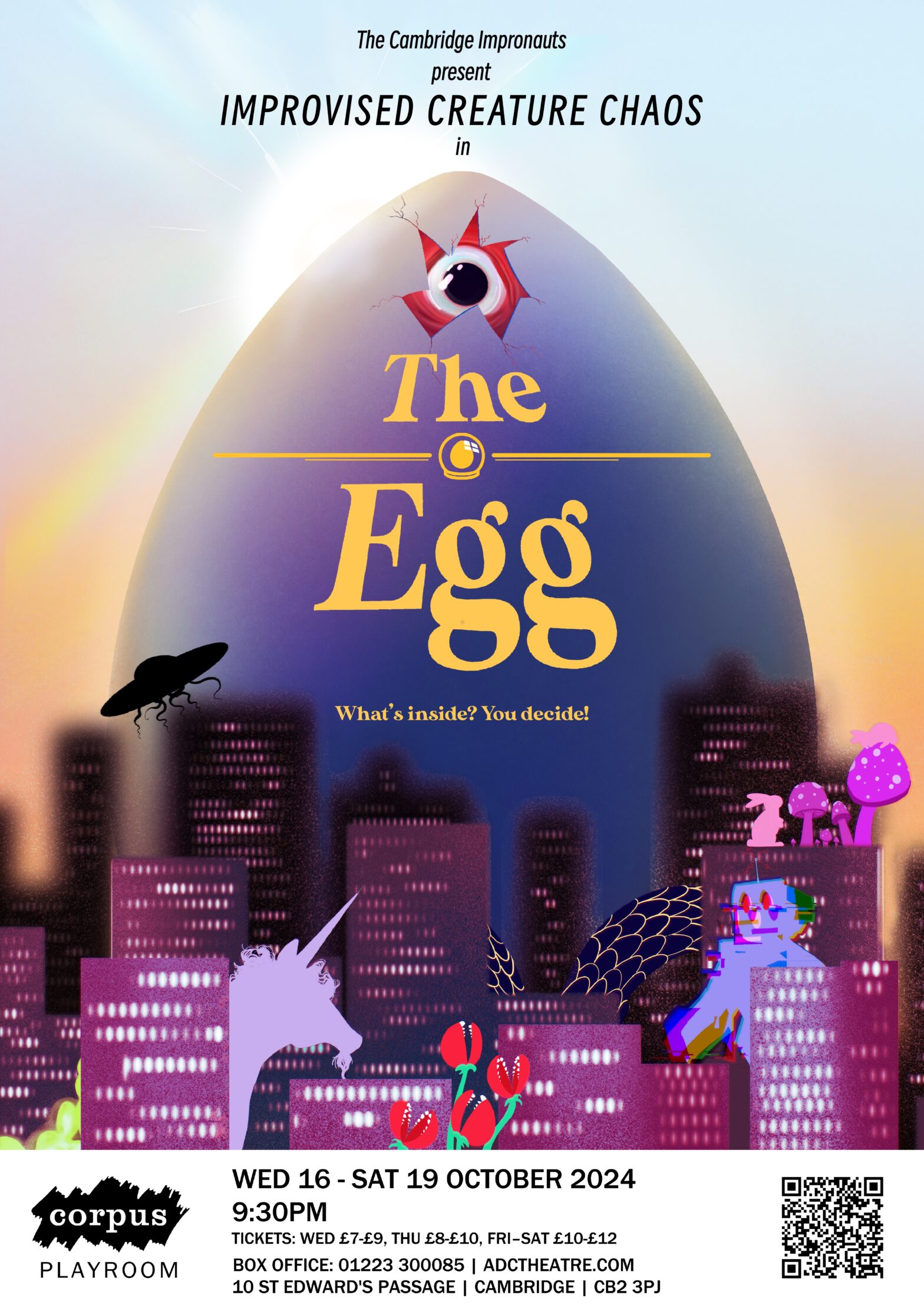 The poster for The Egg. A giant egg towers over a city. A crack appears at the top of the egg, with an eye peering through. Through the city are strange creatures, including a UFO, a unicorn, some mushrooms, a robot, some mysterious wings, and some venus fly-traps.